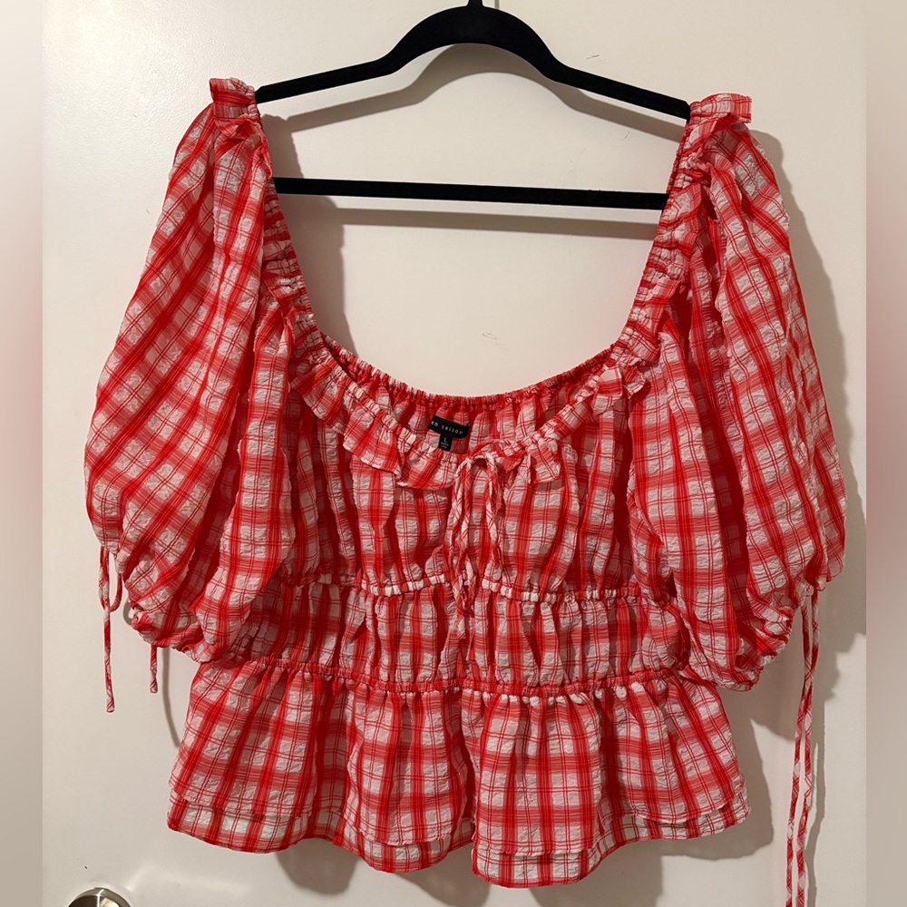 En Saison Red Plaid Smocked Peplum Puff-Sleeve Top